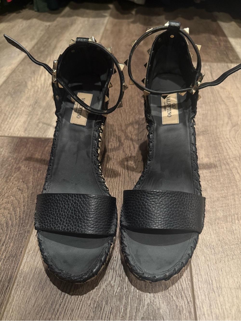 Valentino Garavani Black Leather Studded Espadrille Sandals with Gold Accents